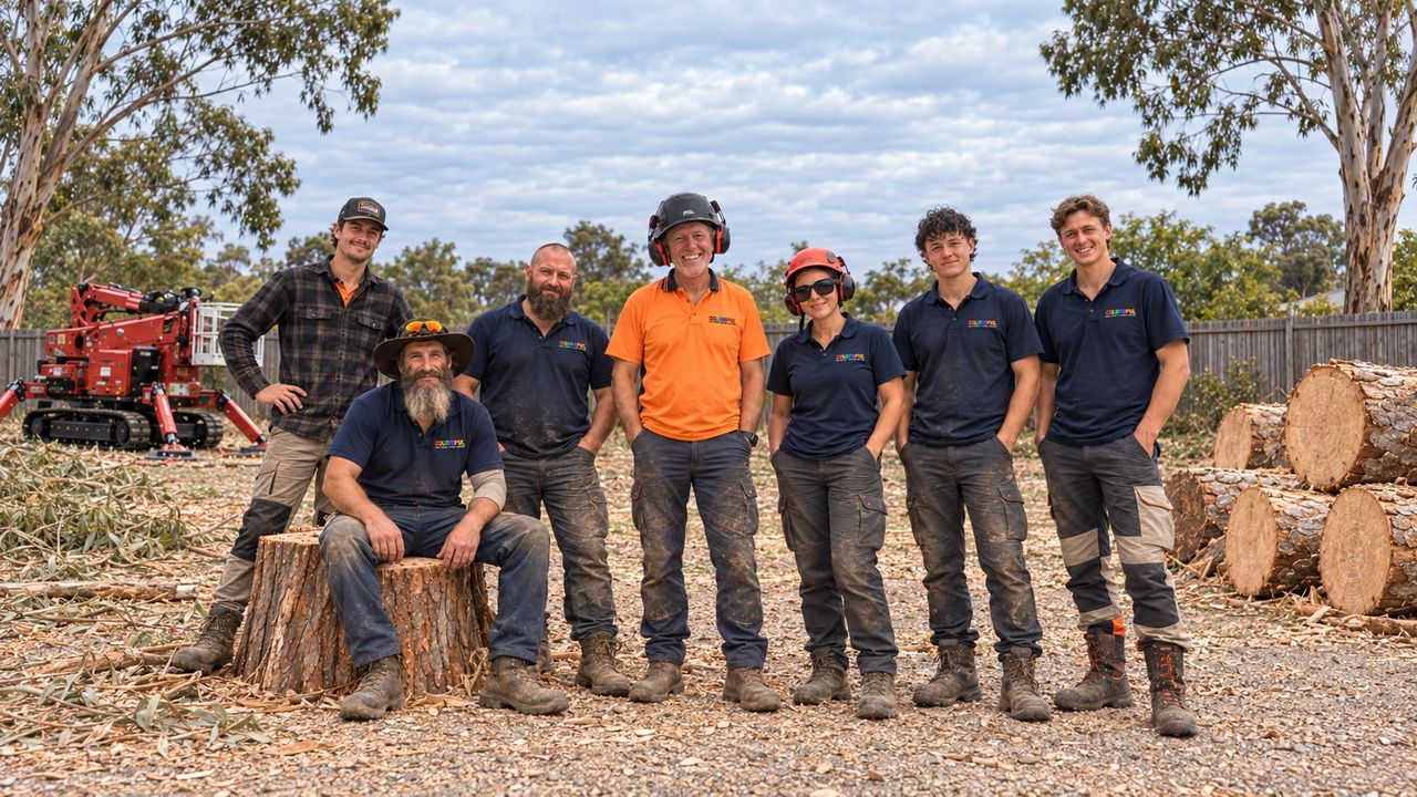 The Colourful Tree Services team in a cleared yard, with cut logs and the red elevated work platform behind them